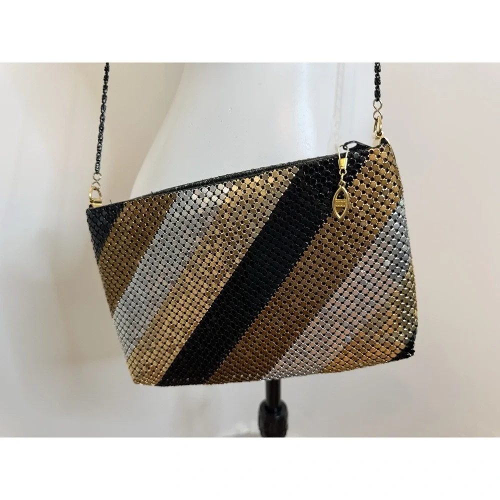 Vintage 70 80s Gold Black Bronze Silver Mesh Stripe Purse Bag Clutch Cross Body